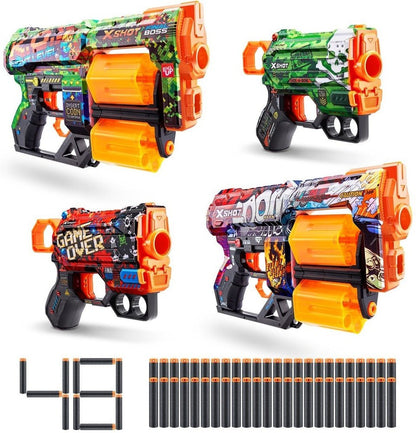 X-Shot pack of 4 blasters with printed skins and orange darts