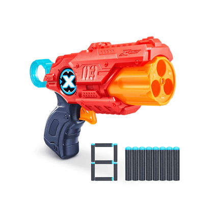 MK 3 blaster toy, red and dark blue with orange barrel, plus black darts and clips