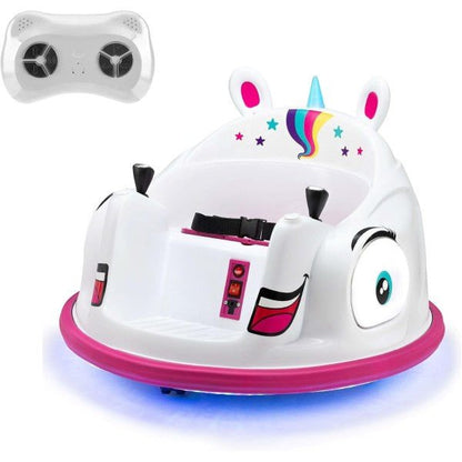 White unicorn bumper car ride-on with rainbow horn, horn buttons, and magenta base