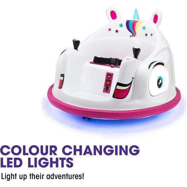 White unicorn bumper car with rainbow horn, star decals, and front control panel