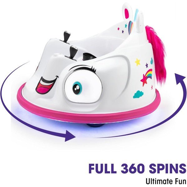 Unicorn ride-on bumper car front side view with teal eye and magenta ring base