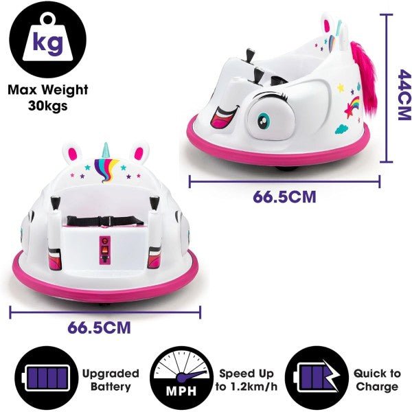 Unicorn ride-on bumper car with front view, magenta base ring, and raised handlebars
