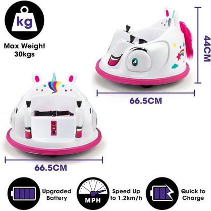 Unicorn ride-on bumper car with front view, magenta base ring, and raised handlebars