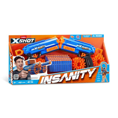 Pack of 2 XSHOT Insanity toy guns in retail box, blue and orange