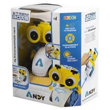 Andy Smart RC robot toy, yellow-and-white body, on-box view
