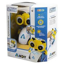 Andy Smart RC robot toy, yellow-and-white body, on-box view