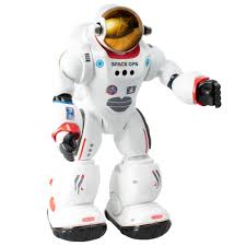 Robot astronauta Charlie blanco con casco dorado y brazos articulados
