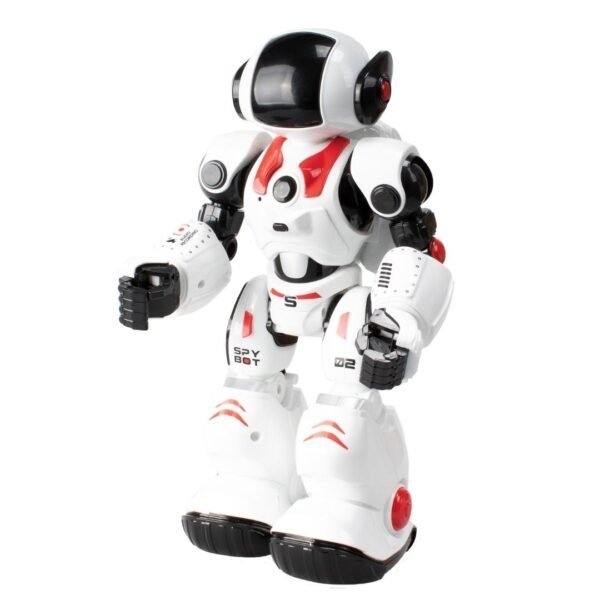 James The Spy Bot white robot with red accents, moveable arms and handheld controller