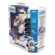 Patrol Bot robot in its retail box, blue-and-white police style