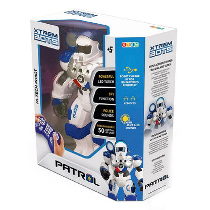 Patrol Bot robot in its retail box, blue-and-white police style