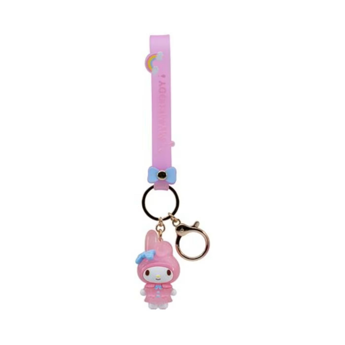 Pink preschool backpack keychain charm with rabbit ears and lanyard strap