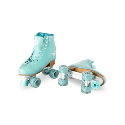 Blue high-top roller skates with lace-up front and four quad wheels