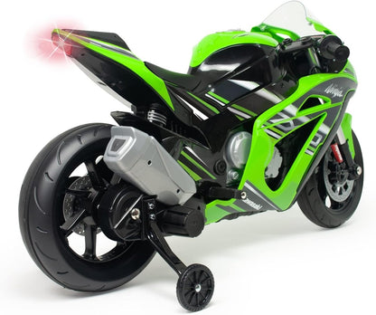Green and black electric racing motorcycle, rear-wheel and side exhaust view