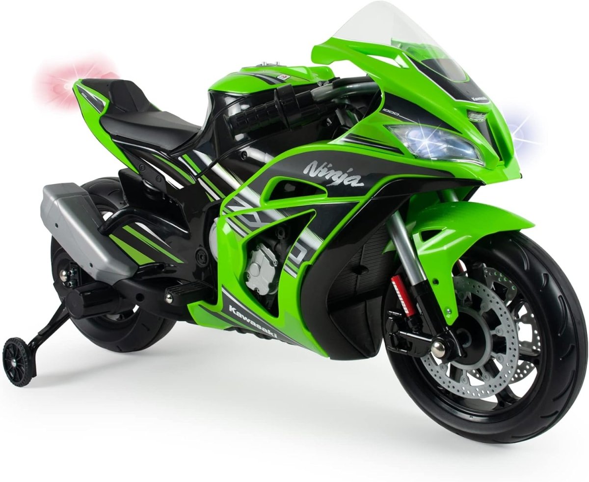 Kawasaki 12V electric racing motorcycle in green and black, front 3/4 view