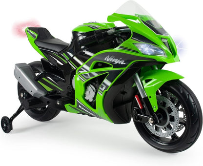 Kawasaki 12V electric racing motorcycle in green and black, front 3/4 view