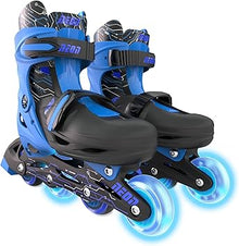 Blue inline skates with black boot, neon accents, and glowing light-up wheels