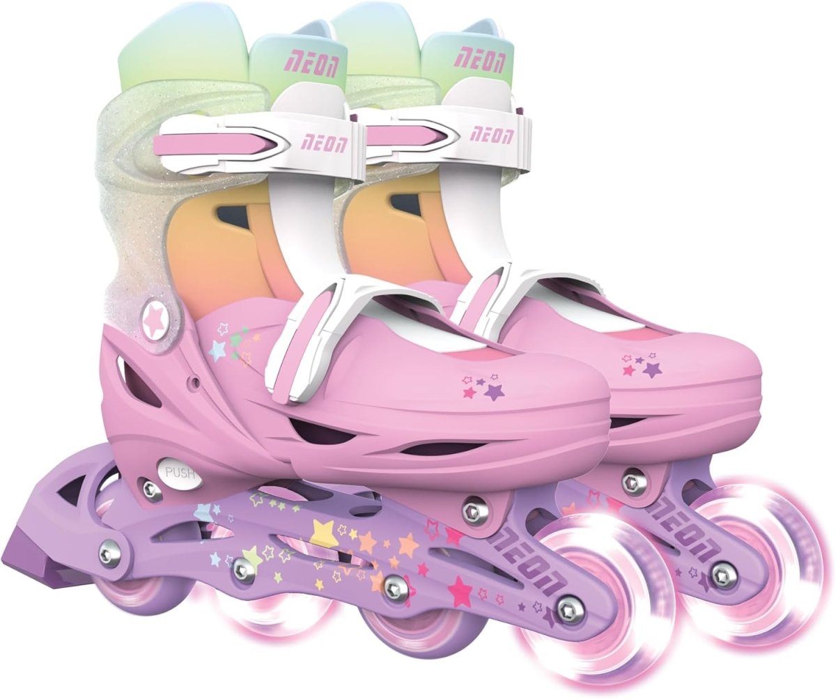 Combo skates rosa y lila con doble fila de ruedas, botines y correas