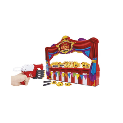Duck Circus arcade shooting game with toy blaster, targets, and duck token pieces