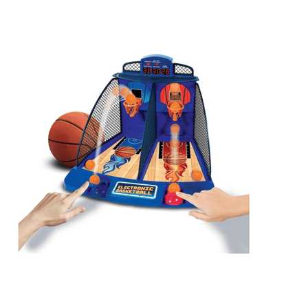 Blue electronic basketball arcade game with orange hoop and scoring display, hands playing