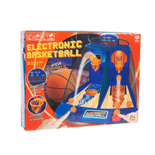 Electronic basketball arcade game box with blue and orange basketball hoop