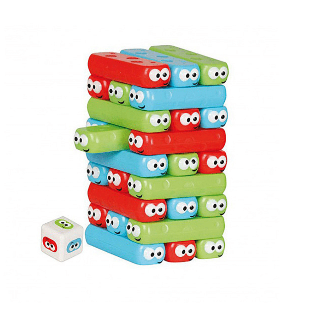 Rainbow tower game wooden-style stack of colorful cartoon blocks with smiley faces