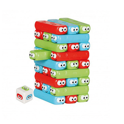 Rainbow tower game wooden-style stack of colorful cartoon blocks with smiley faces