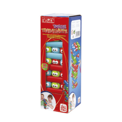 Rainbow tower board game box with cartoon blocks illustration and smiling characters