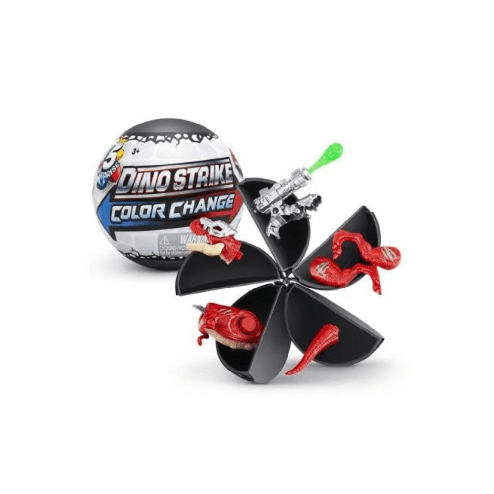 Color-change Dino Strike egg with opened black launcher and red dinosaur figures
