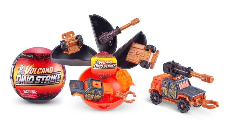 Surprise egg toy set with orange vehicle, dino parts, and open capsule halves