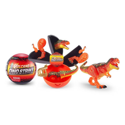 Surprise egg toy set with orange dinosaur figures and open capsule pieces