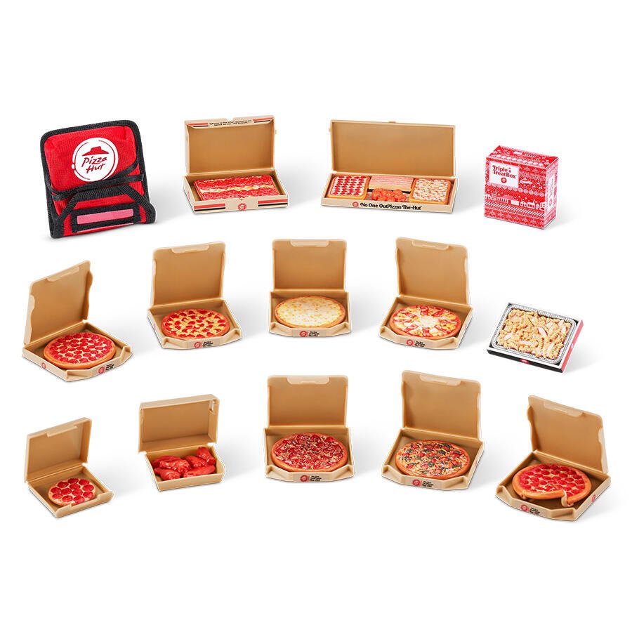 Mini pizza-themed food collectibles in cardboard boxes with red pizza pieces