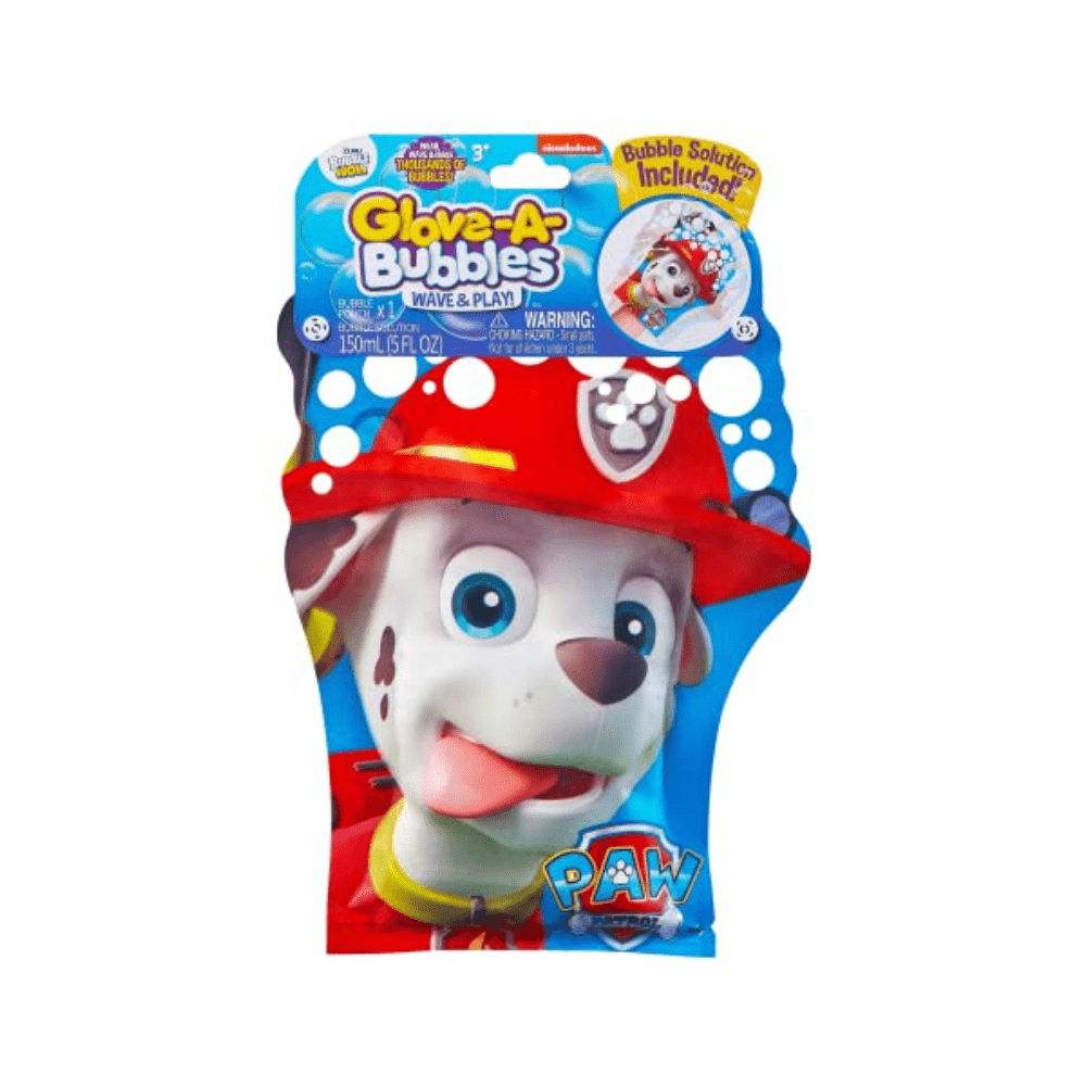 Bubble glove set in red and blue packaging with Paw Patrol character graphics