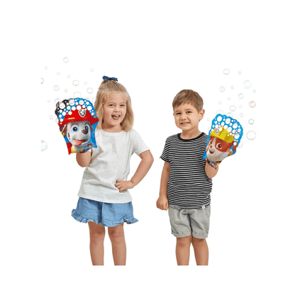 Kids holding red and blue bubble gloves with cartoon character faces