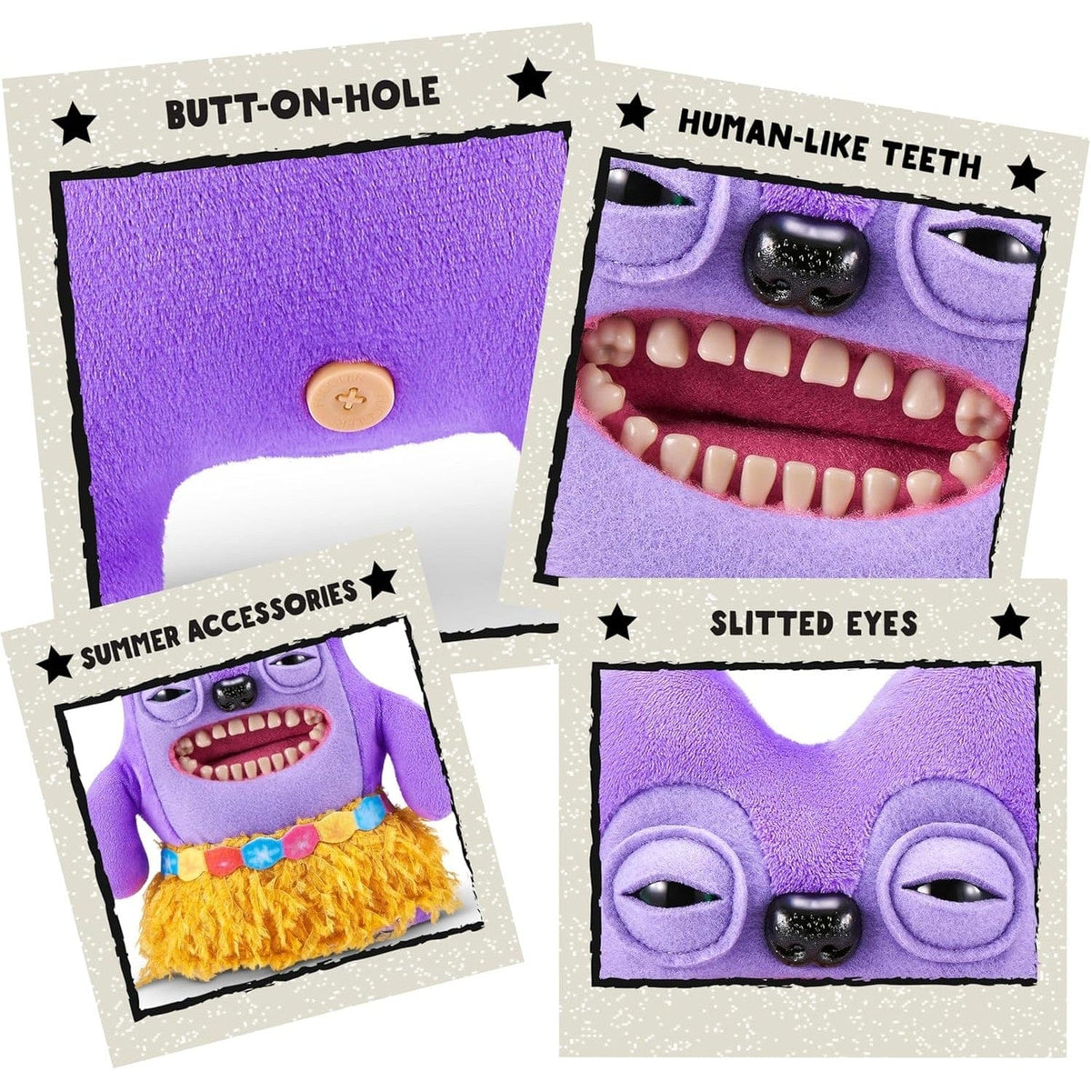 Purple plush monster toy face with large teeth and slit eyes, button nose detail