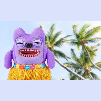 Purple plush monster toy with big grin, blue eye patches, yellow grass skirt