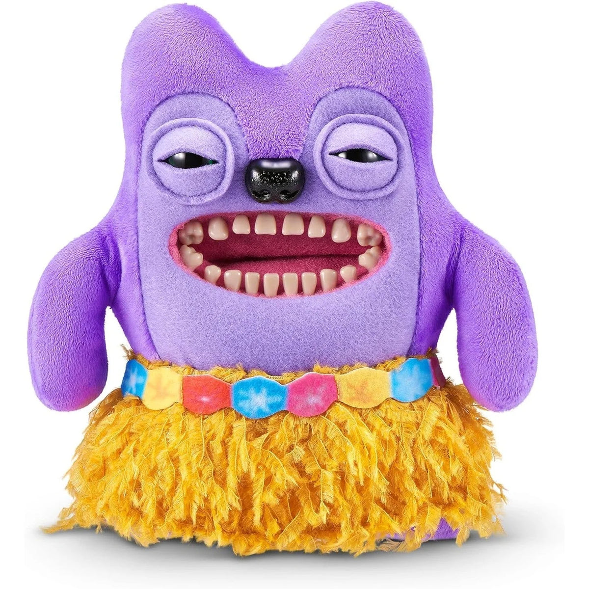 Purple plush monster toy front view with open-mouthed grin, blue patches, grass skirt