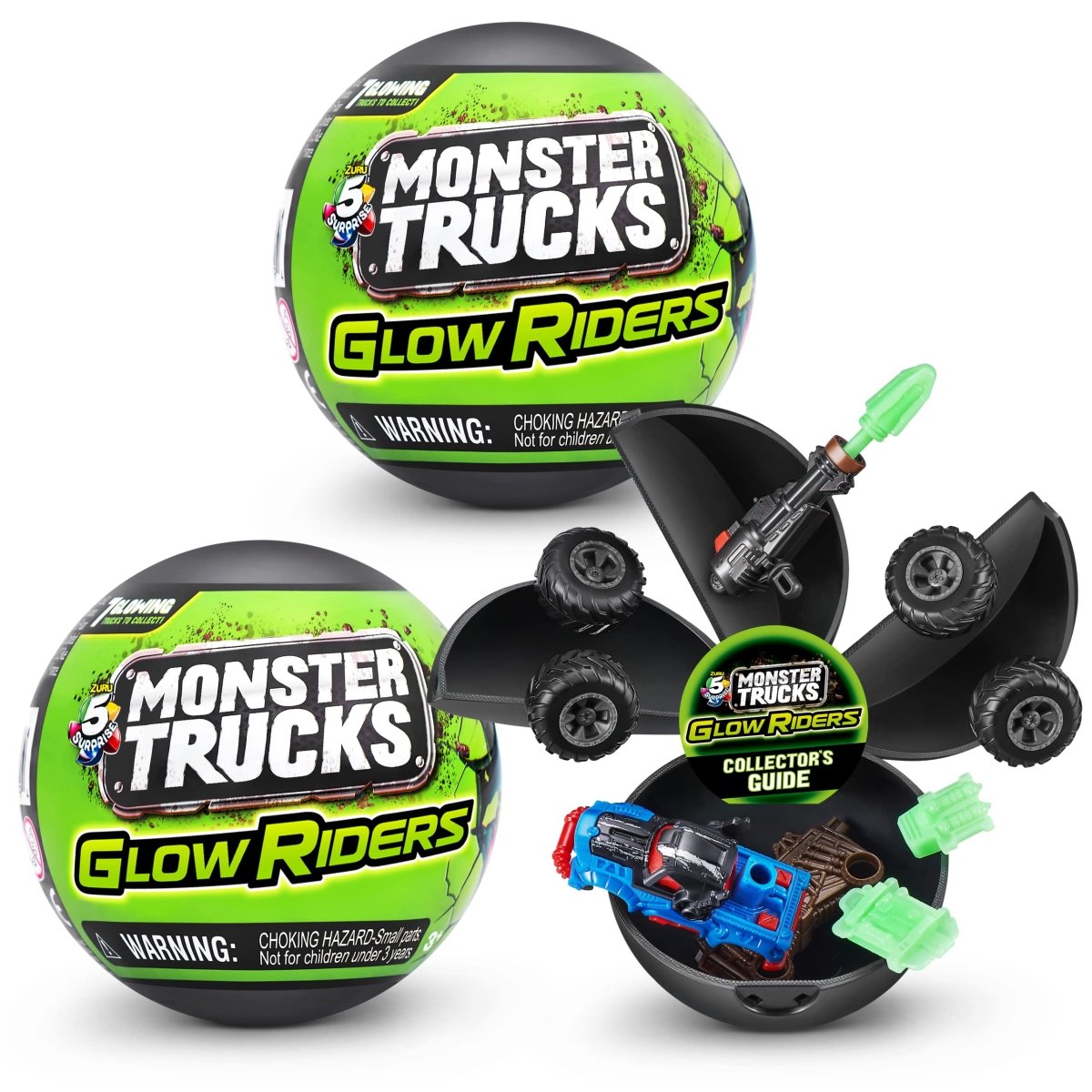 Glow Riders monster truck mystery capsule: green ball, open case, small truck toys
