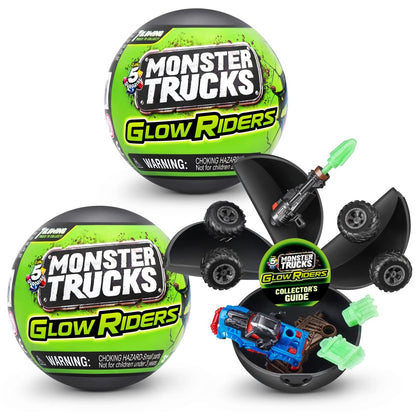 Glow Riders monster truck mystery capsule: green ball, open case, small truck toys