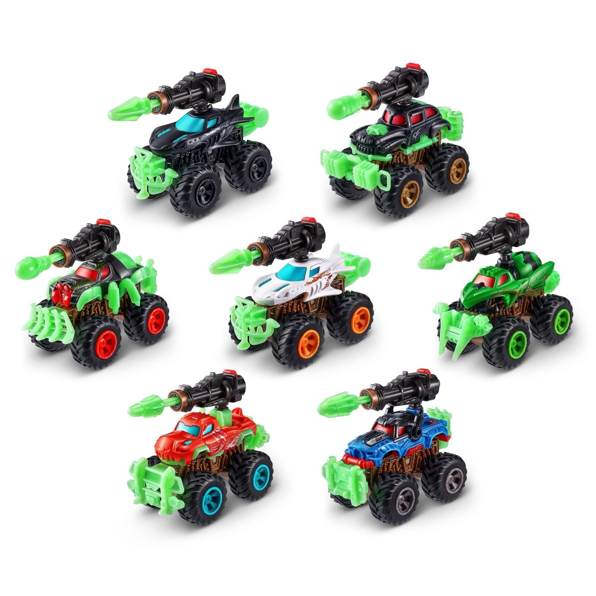 Glow Riders monster truck toy lineup: nine small vehicles with green launcher parts