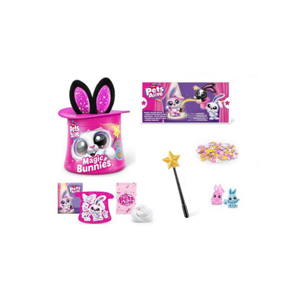 Magic bunnies toy set with pink tub, guide book, wand, confetti, and bunny figures