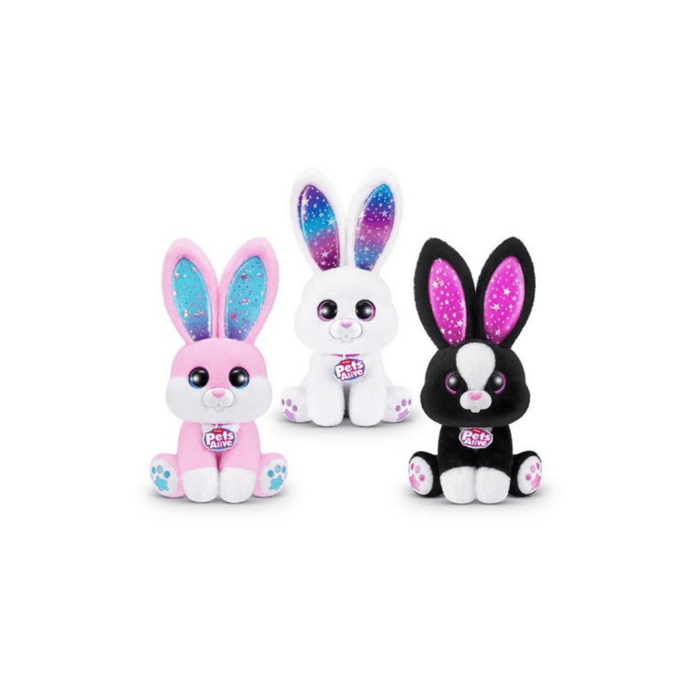 Magic bunnies plush set with pink, white, and black bunny figures and glitter ears
