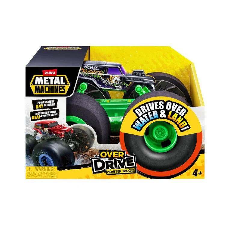 Green metal all-terrain monster truck toy with oversized green wheels, in box