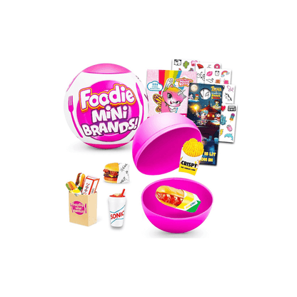 Mini food toy set with purple capsule and bowl, plus small food packages and cup