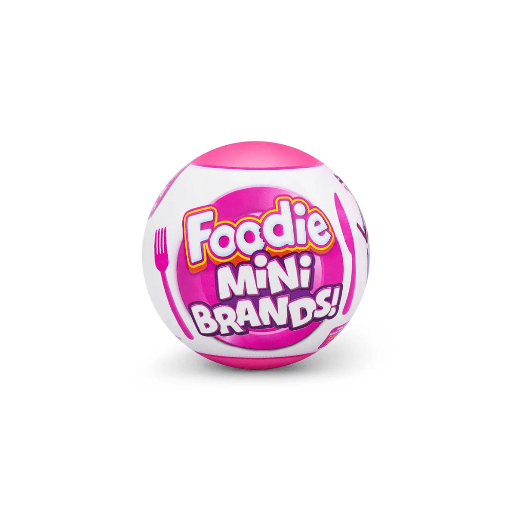 Foodie Mini Brands ball toy, purple and white with colorful "Mini Brands" graphic
