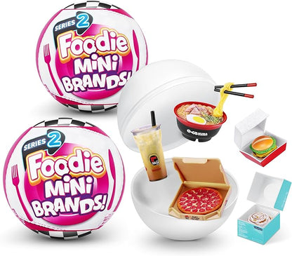 Mini food toy set with two Foodie Mini Brands balls and food accessories, pizza box, bowl