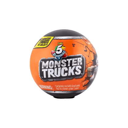 Orange Monster Trucks surprise ball with 3+ hazard warning label