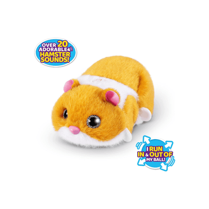 Yellow plush hamster toy with white headband inside clear running ball