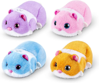 Set of plush hamster toys: purple, pink, blue, and yellow with white paws