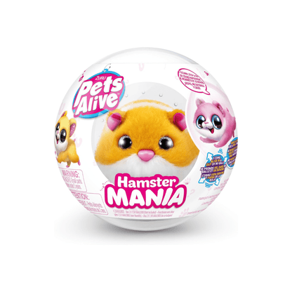 Pets Alive hamster mania toy ball with yellow plush hamster face on white shell