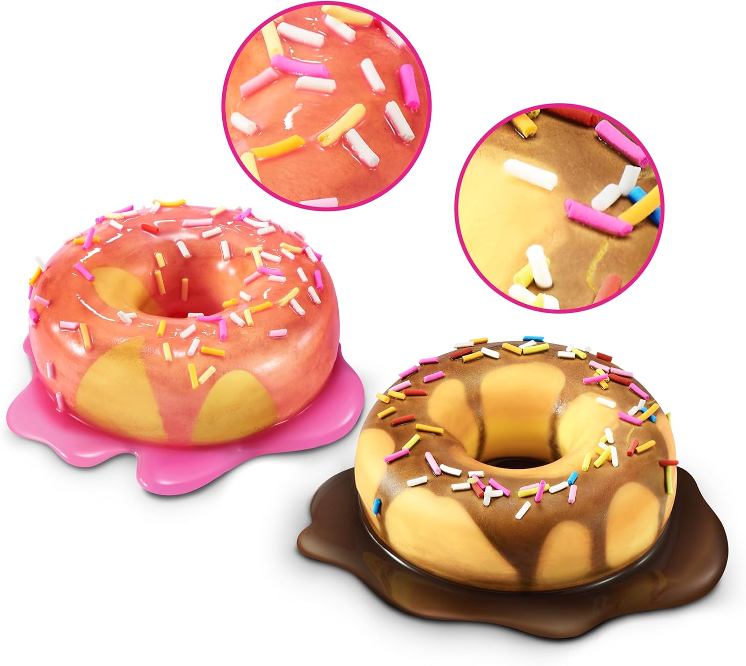 Donut slime pair: pink iced donut with sprinkles and a chocolate glazed donut